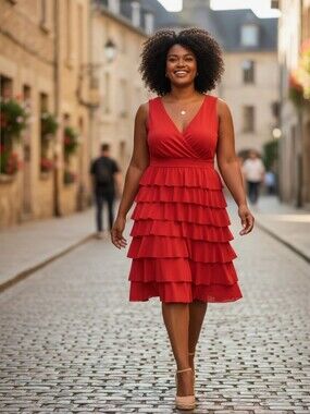 Frank Lyman Design Vibrent Coral Tiered V Neck Midi Dress Size 18